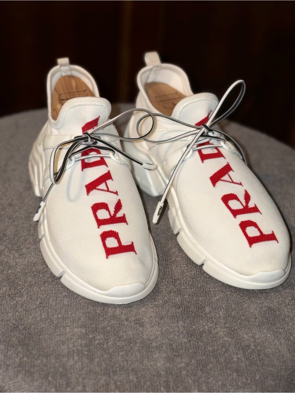 Prada White Knit Sneakers with Red Logo - Picture 1 of 7